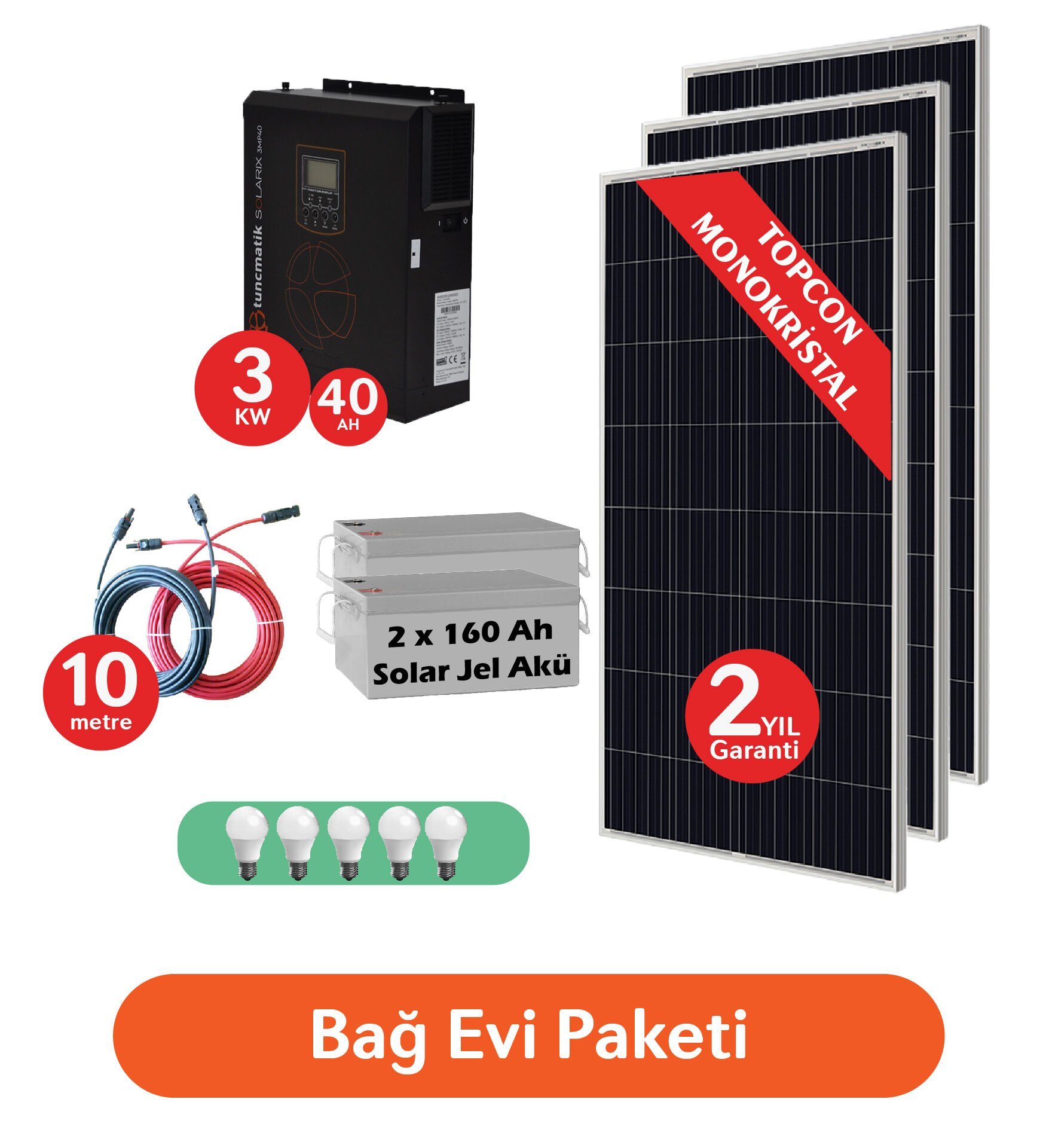Gümüş Solar Bağ Evi  Paketi 3*280 Watt Topcon  Güneş Paneli  2*160 Ah Solar Jel Akü 3000 Watt Tam Sinüs Akıllı İnverter